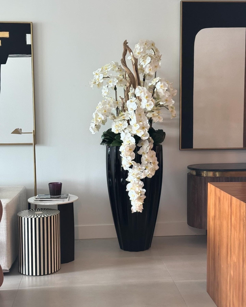 San Jose Planter in Glossy Black with Cascading White Orchids